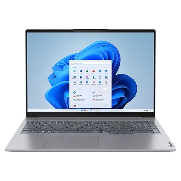 Front-facing Lenovo ThinkBook 16 Gen 6 laptop, open 90 degrees.