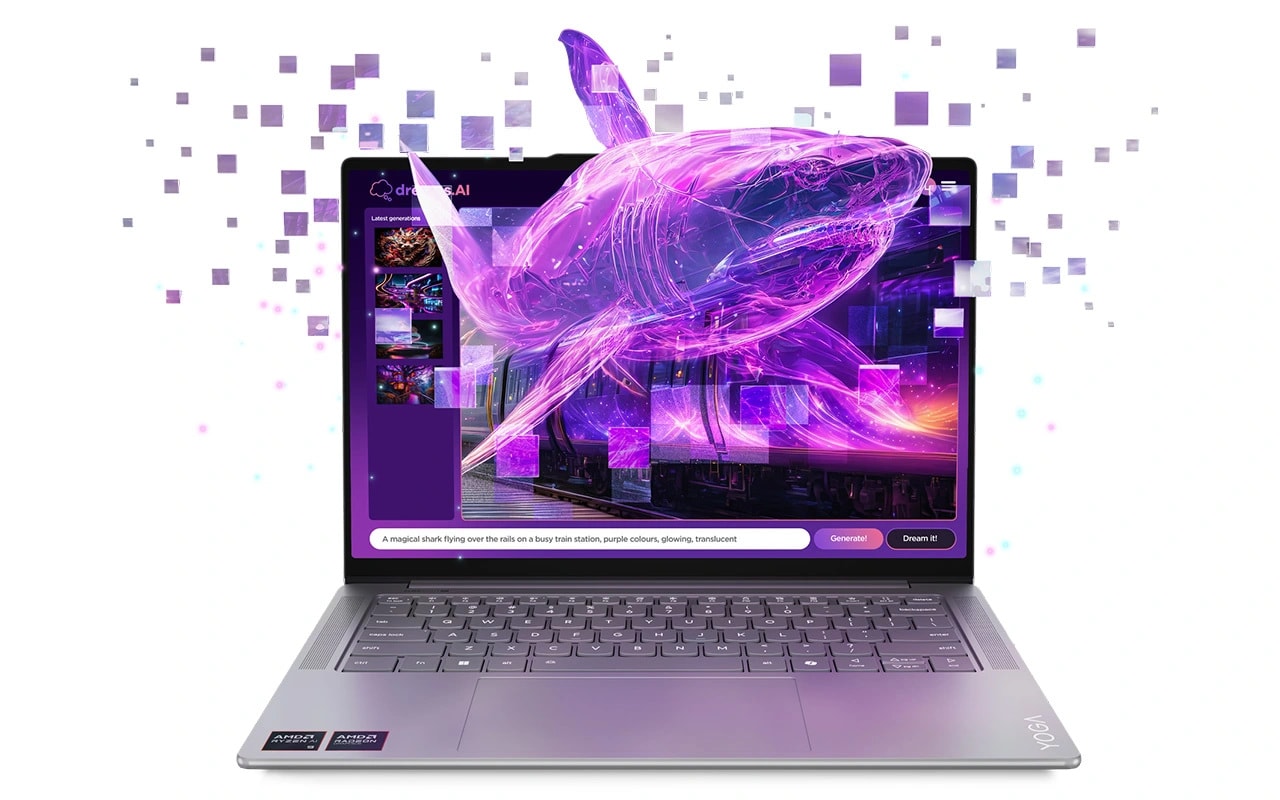 Lenovo Yoga Pro 7 Gen 9 Laptop (14" AMD) — Front view, lid open, with purple graphic showing a shark jumping out of the display.