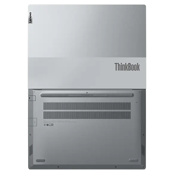 Backside of Lenovo ThinkBook 14 Gen 4+ laptop open 180 degrees, lying flat.