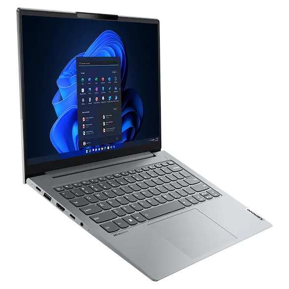 Left-side ports, keyboard, & display on the Lenovo ThinkBook 14 Gen 4+ laptop in Arctic Grey.