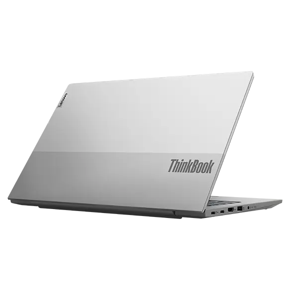 Back left angle view of a partially opened Lenovo ThinkBook 14 Gen 4 (Intel) laptop