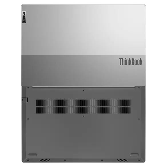 Overhead shot of Lenovo ThinkBook 15 Gen 5 laptop open 180 degrees, bottom-side up. 