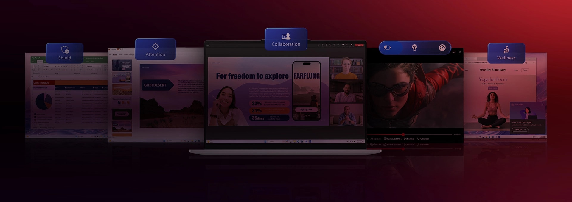 A row of screencaps surround an open laptop, each representing Smart Mode features.