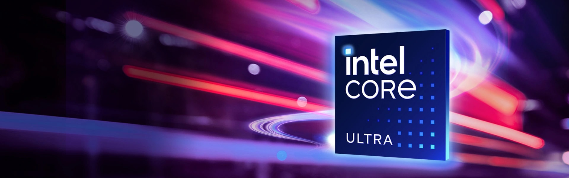 The Intel Core Ultra logo against a timelapse image of streetlights