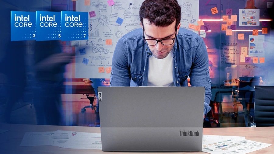 Intel Core 3, 5, and 7 logos against an image of a man looking intently at a ThinkBook laptop