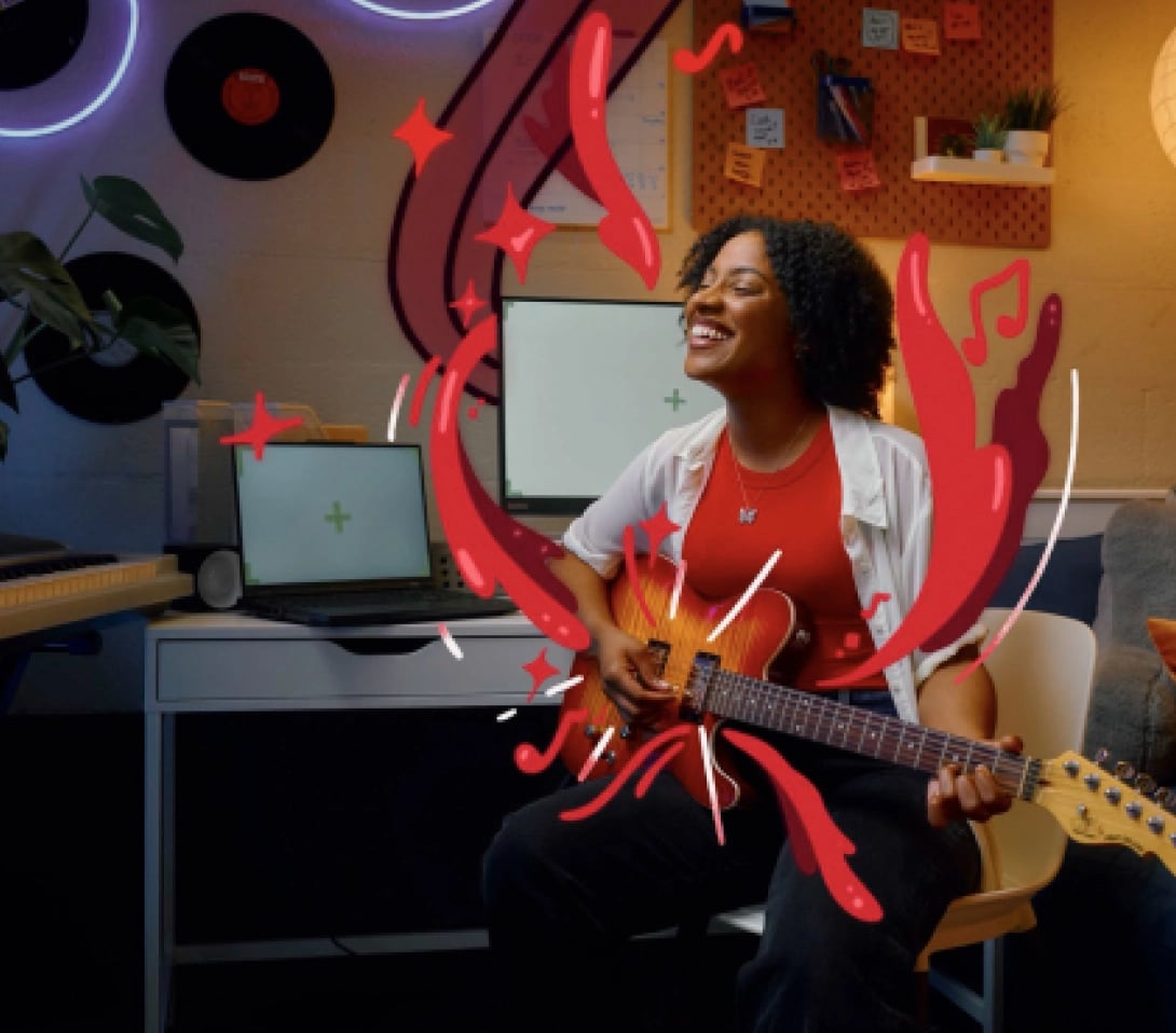 A young woman strumming her guitar with energetic red graphic overlays.