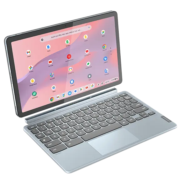 Top angled view of the Lenovo IdeaPad Duet 3 Chromebook (11" QCOM) in an open position. The device showcases its detachable keyboard and touchscreen display, which features various app icons on a pink and purple gradient background.