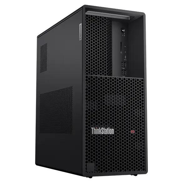 Side-facing Lenovo ThinkStation P3 Tower, showing front ports, ThinkStation & P3 logos, & left-side panel