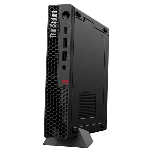 Lenovo ThinkStation P3 Tiny Workstation, at a slight angle. showing ThinkStation logo & front ports, & right-side panel