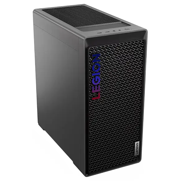 High-angle, front-left-corner view of the Legion Tower 5i Gen 8 (Intel) gaming PC, showing the standard left panel, mesh vented front bezel, and colorful Legion logo.