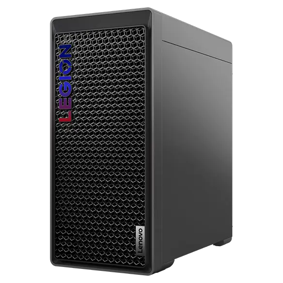 Low-angle, front-right-corner view of the Legion Tower 5i Gen 8 (Intel) gaming PC, showing the right panel, mesh vented front bezel, and bright Legion logo.