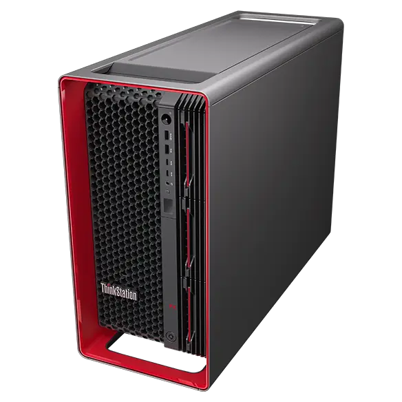 Aerial view of side-facing Lenovo ThinkStation PX workstation, showing iconic ThinkPad red components, front ports, & top & right-side panels