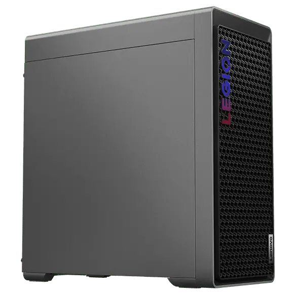 Low-angle, front-left corner view of the Legion Tower 5i Gen 8 (Intel) gaming PC, showing the standard left panel, front mesh venting, and brightly lit Legion logo.