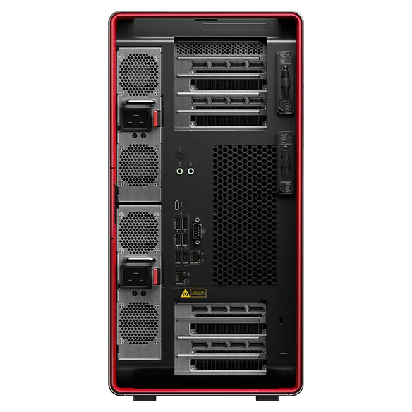 Rear view of Lenovo ThinkStation PX workstation, showing iconic ThinkPad red casing & rear ports