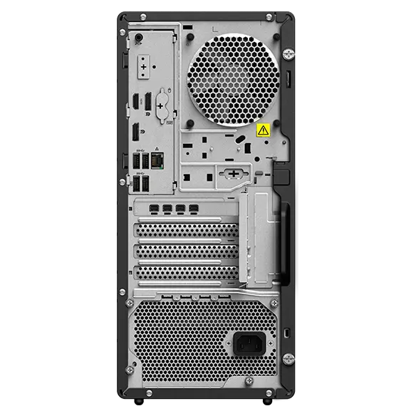 Rear view of the Lenovo ThinkStation P2 Tower workstation, focusing its back side ports and its hardware architecture.