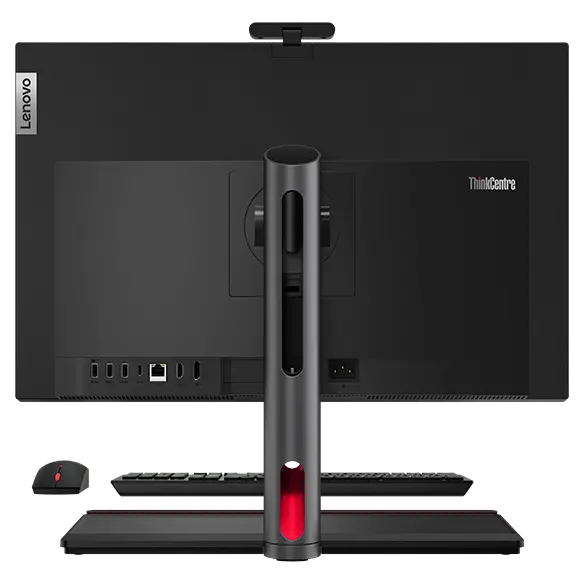 Rear view of Lenovo ThinkCentre M90a Gen 5 (24″ Intel) all-in-one PC, showing rear cover & ports, back of tilt-only stand, & rear sides of wireless mouse & keyboard