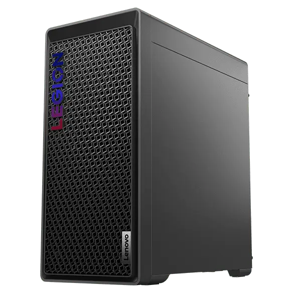 Front-right corner view of the Legion Tower 5i Gen 8 (Intel), viewed from low angle and revealing the mesh-vented front bezel and interior RGB lighting.