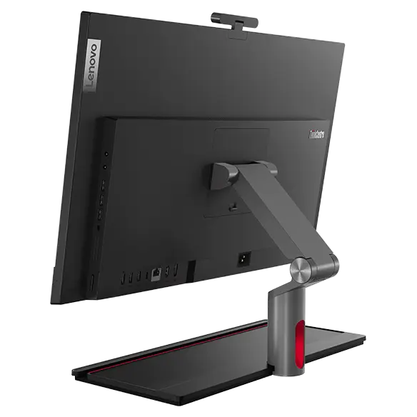 Rear-facing Lenovo ThinkCentre M90a Gen 5 (24″ Intel) all-in-one PC, showing rear cover & ports, & back of full function monitor stand