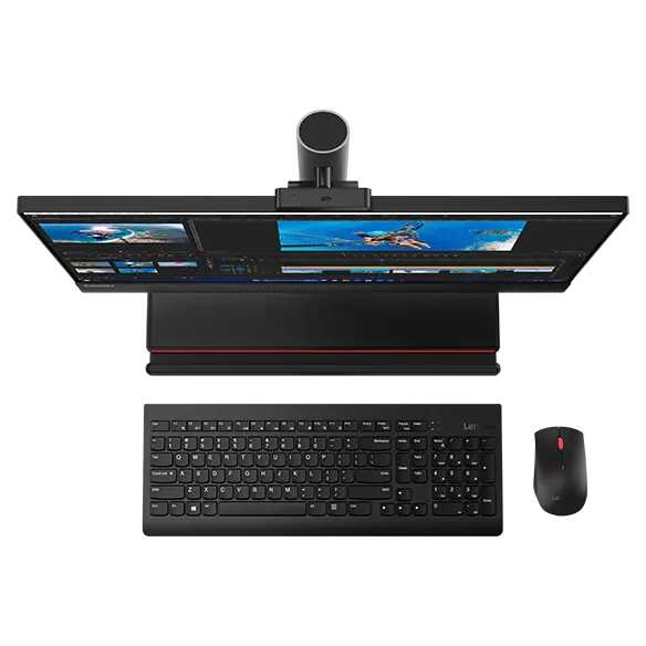 Aerial view of forward-facing Lenovo ThinkCentre M90a Gen 5 (24″ Intel) all-in-one PC, showing base, wireless keyboard & wireless mouse