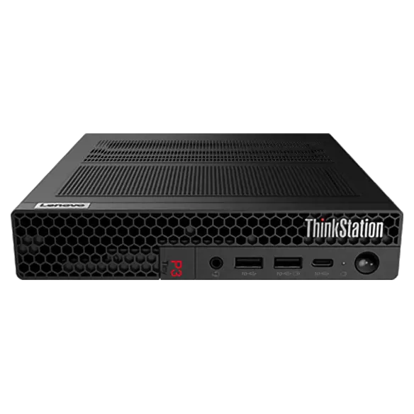 Lenovo ThinkStation P3 Tiny Workstation, laid horizontally, showing ThinkStation logo & front ports, & left-side panel