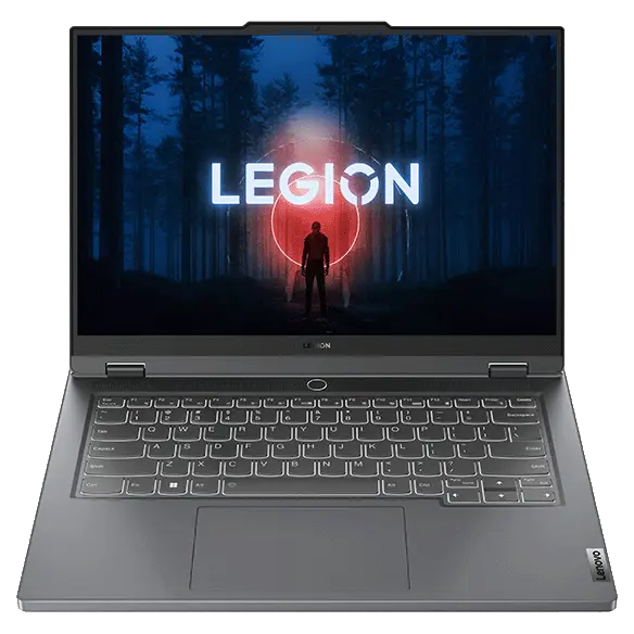 Top-front view of the Lenovo Legion Slim 5 Gen 8 (14″ AMD) with a Legion logo on the display