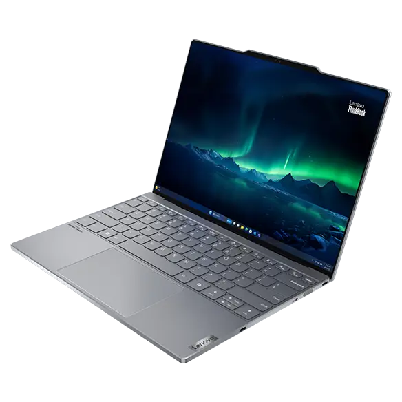 Lenovo ThinkBook 13x Gen 4 (13 inch Intel) laptop – front view, lid open, with an image of the Aurora Borealis over icebergs on the display