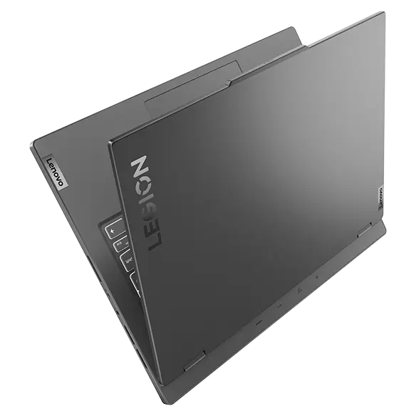 The Lenovo Legion Slim 5 Gen 8 (14” AMD) opened in a V shape, showing the top cover