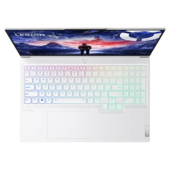 Lenovo Legion 7i Gen 9 (16″ Intel) in Glacier White, top view of Legion TrueStrike keyboard with zoned RGB keyboard backlight