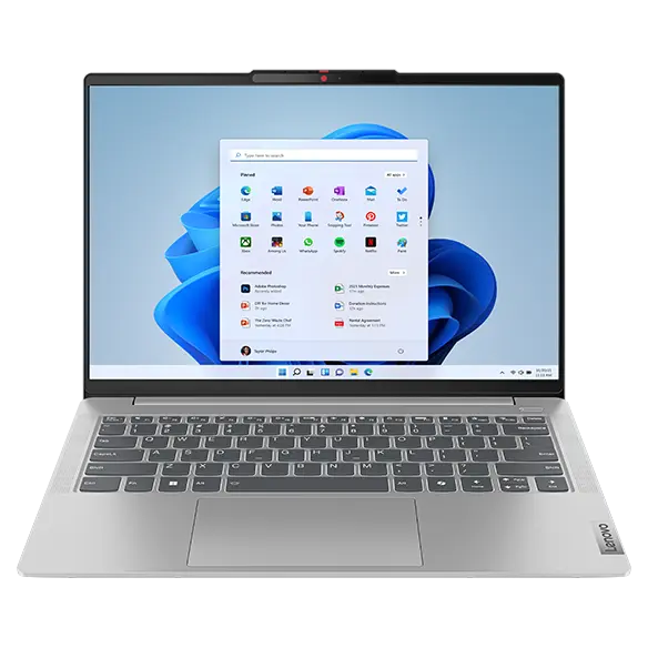 Lenovo IdeaPad Slim 5i Gen 9 (14&quot; Intel) laptop – Cloud Grey – front view, lid open, Windows menu on the display