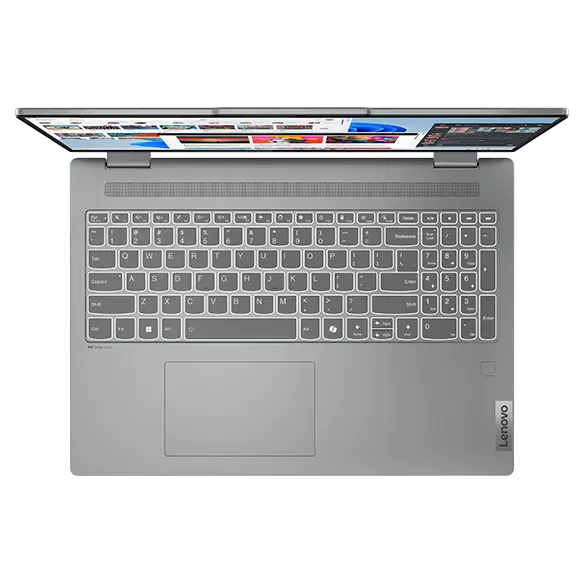 Overhead shot of the Lenovo IdeaPad 5 2-in-1 Gen 9 (16 inch AMD) laptop in Luna Grey opened at 90 degrees, focusing its keyboard and touchpad.