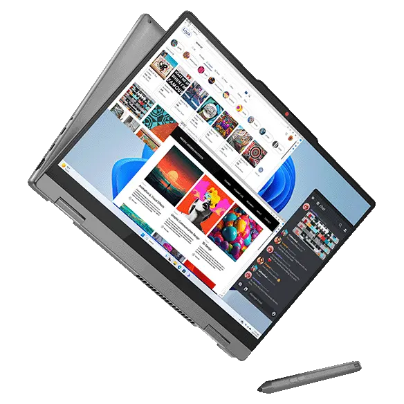 Lenovo IdeaPad 5 2-in-1 Gen 9 (14” Intel) floating in tent mode with open apps on display and optional digital pen