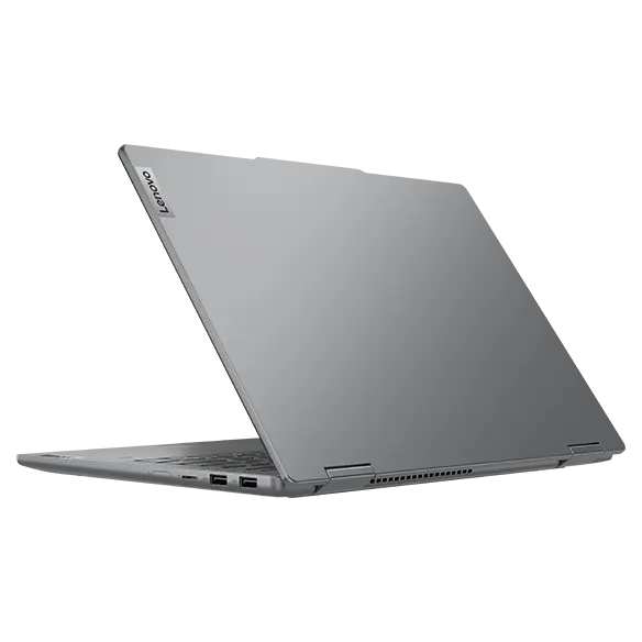 Rear, right side view of the Lenovo IdeaPad 5 2-in-1 Gen 9 (14 inch AMD) laptop in Luna Grey opened at an acute angle, focusing its four right side ports & a visible Lenovo logo on the top cover.