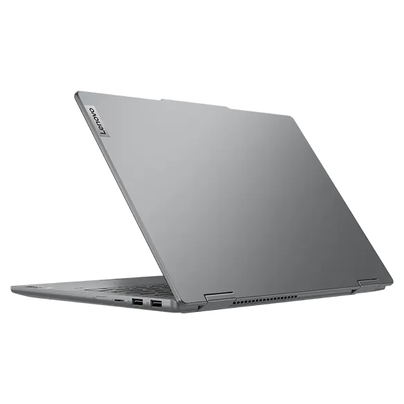 Rear, right side view of the Lenovo IdeaPad 5 2-in-1 Gen 9 (14 inch AMD) laptop in Cosmic Blue opened at an acute angle, focusing its four right side ports & the Lenovo logo on the top cover.