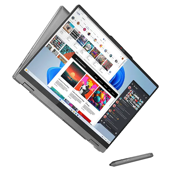 Front view of the Lenovo IdeaPad 5 2-in-1 Gen 9 (16 inch AMD) Luna Grey laptop in tablet mode, slightly tilted from the left, focusing different apps on the screen & a Lenovo Digital Pen placed on the right side.