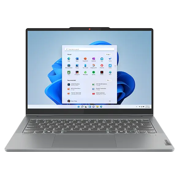 Close-up, front view of the Lenovo IdeaPad 5 2-in-1 Gen 9 (14 inch AMD) laptop in Luna Grey with lid opened at 90 degrees, focusing its keyboard & display with Windows Copilot menu opened on the screen.