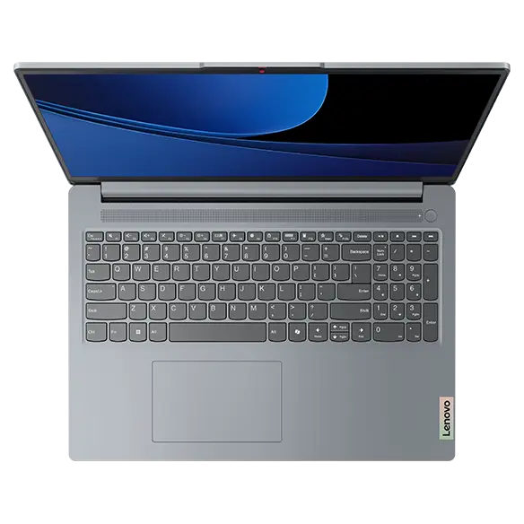 Front, top view of the Lenovo IdeaPad Slim 3i Gen 9 16 inch laptop in Artic Grey with lid opened at wide angle & display in standby mode, majorly focusing on the keyboard.