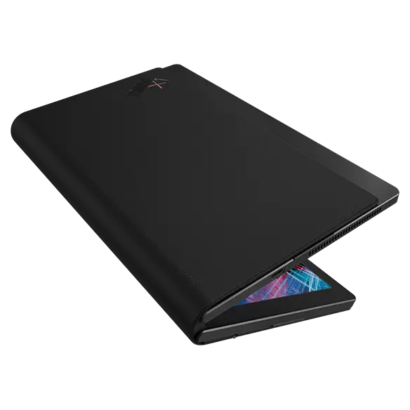 Lenovo ThinkPad X1 Fold foldable PC in book mode, showcasing 100% recycled PET* plastic Woven Performance Fabric top cover.