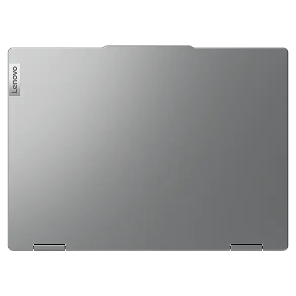 Overhead short of the top cover of the Lenovo IdeaPad 5 2-in-1 Gen 9 (14 inch AMD) laptop in Luna Grey, focusing the Lenovo logo on top left.