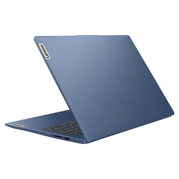 Rear, right side view of the Lenovo IdeaPad Slim 3i Gen 9 16 inch laptop in Abyss Blue with lid opened at acute angle & visible right side ports & Lenovo logo on top cover.