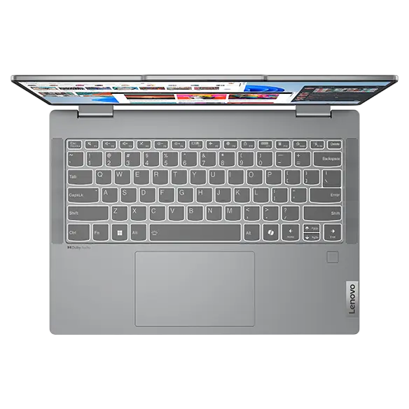 Overhead shot of the Lenovo IdeaPad 5 2-in-1 Gen 9 (14 inch AMD) laptop in Luna Grey opened at 90 degrees, focusing its keyboard and touchpad.