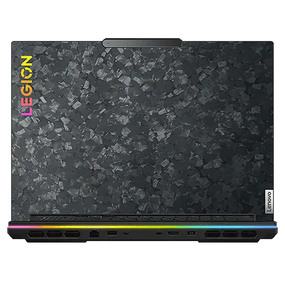 Legion 9i Gen 8 (16″ Intel) rear facing, opened with view of Forged Carbon top cover and RGB lighting turned on