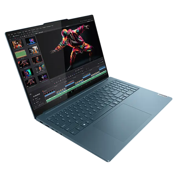 Top left angle view of a Tidal Teal Lenovo Yoga Pro 9i Gen 9 (16 Intel), opened