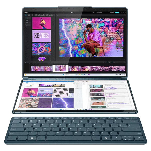 Front view of the Lenovo Yoga Book 9i Gen 9 (13 Intel), open, with both screens activated and the wireless keyboard set in front of the device