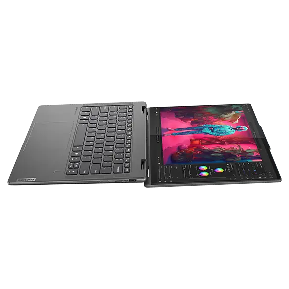 Right view of the Lenovo Yoga 7 2-in-1 Gen 9 (14 AMD) opened 180 degrees, laying flat