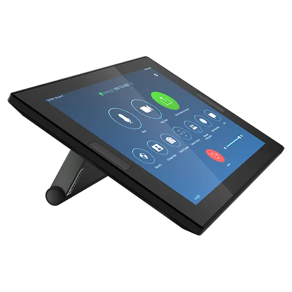 Lenovo ThinkSmart Controller 10.1 inch display for Zoom Rooms angled to show left side and stand.