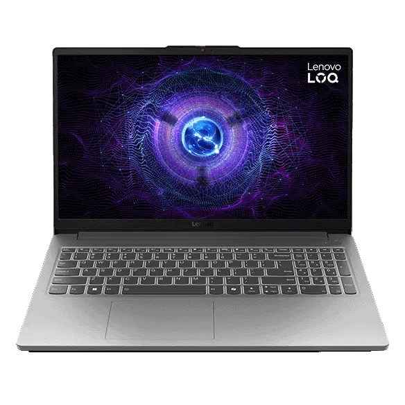 Front view of the Lenovo LOQ Essential Gen 9 (15" Intel) laptop with a detailed geometric design on the screen.