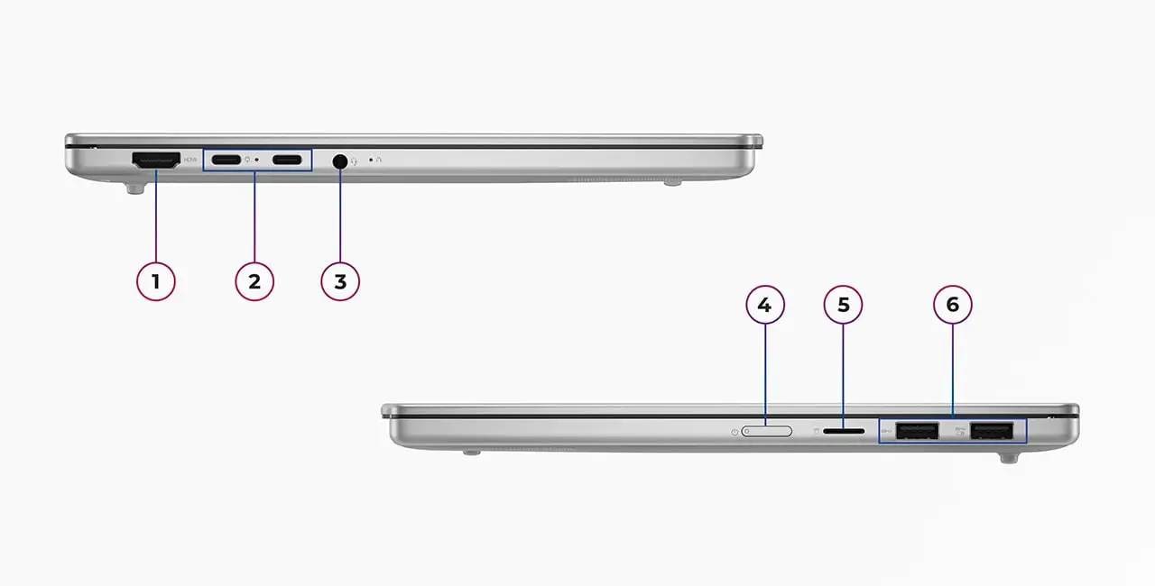 Ordinateur portable Lenovo IdeaPad Slim 5 Gen 10 avec ports USB-A, USB-C, HDMI, DisplayPort, lecteur de cartes et autres ports.