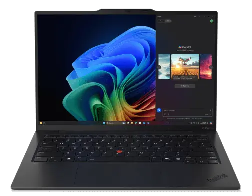 A Lenovo ThinkPad 14s Aura Edition (14”) laptop, black, front view, lid open, with Copilot menu on the display.
