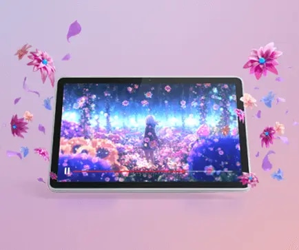 A tablet with an illustrated image of a girl in a field filled with flowers, and the flowers are exploding from the display’s screen.