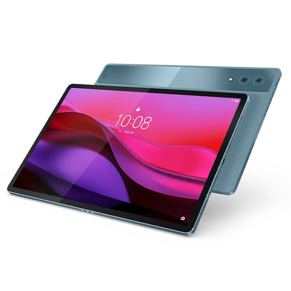 Two Lenovo Yoga Tab Plus tablets in tidal teal with a vibrant display & a metallic back, focusing its wide screen & sleek & elegant construction.